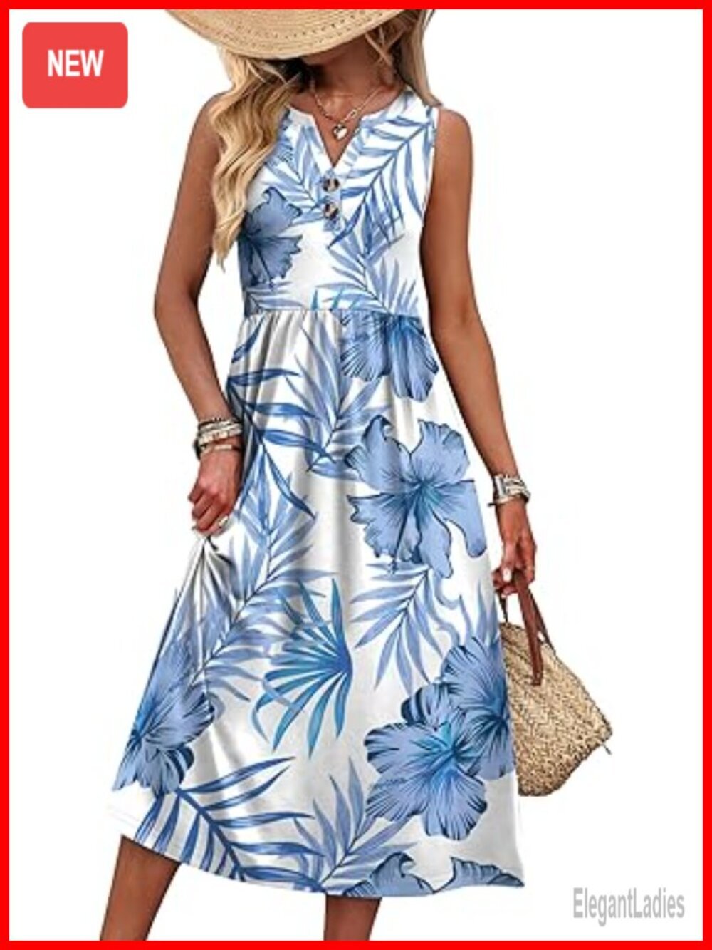 V Neck Button Up Midi Dress with Pockets Sleeveless Summer